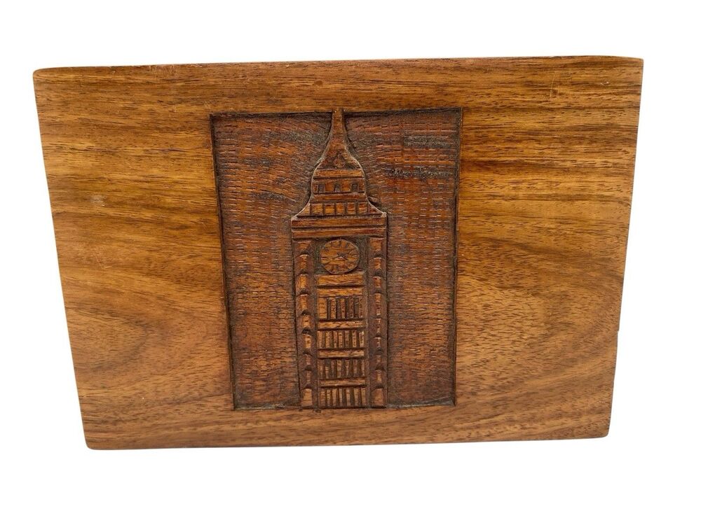 Vtg Hinged Wooden Tea Caddy Carved Big Ben of London Trinket Box Jewelry Divided